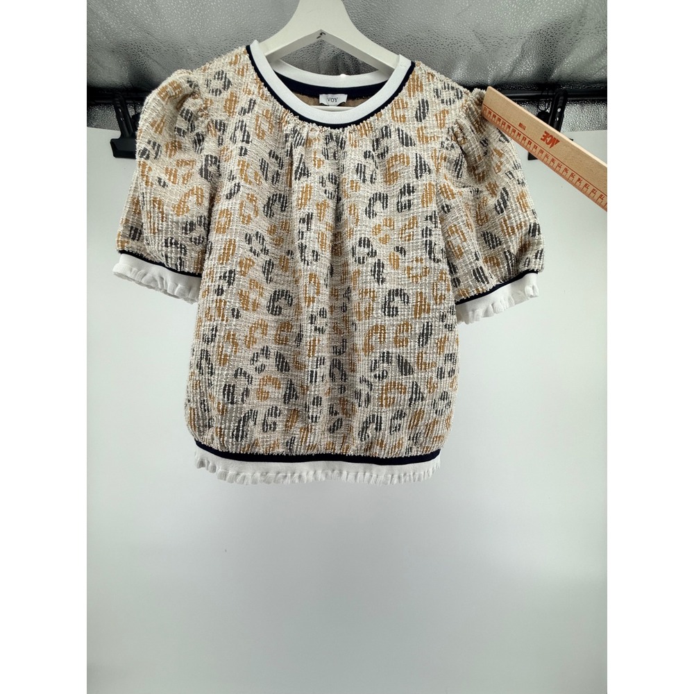 VOY Women Animal Print Puff Sleeve Top Ruffle Trim Crew Neck Tan Black M NWT